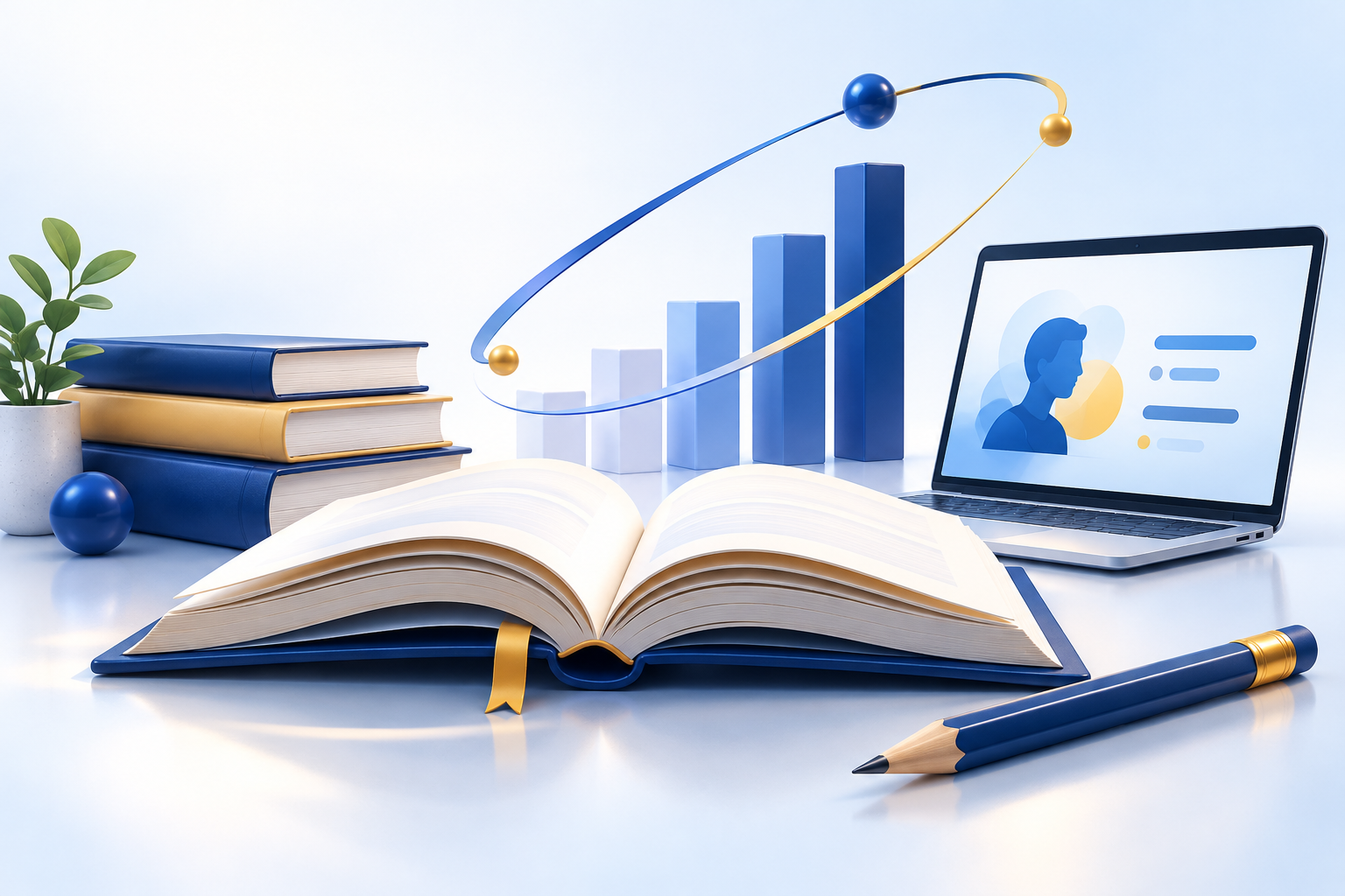 Ilustración educativa con libros, computador y herramientas de aprendizaje